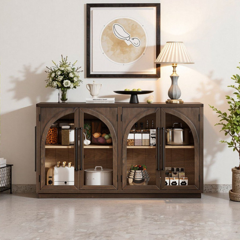 4-Door Large Storage Sideboard Buffet Cabinet With Glass Doors, Arched Cabinet With Adjustable Shelves For Kitchen, Dining Room And Living Room