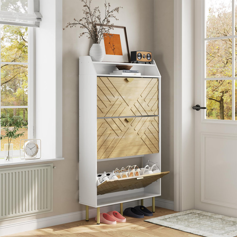 Slim Shoe Cabinet with 2 Flip Drawers, Hidden Entryway Shoe Storage Organizer with Adjustable Shelves