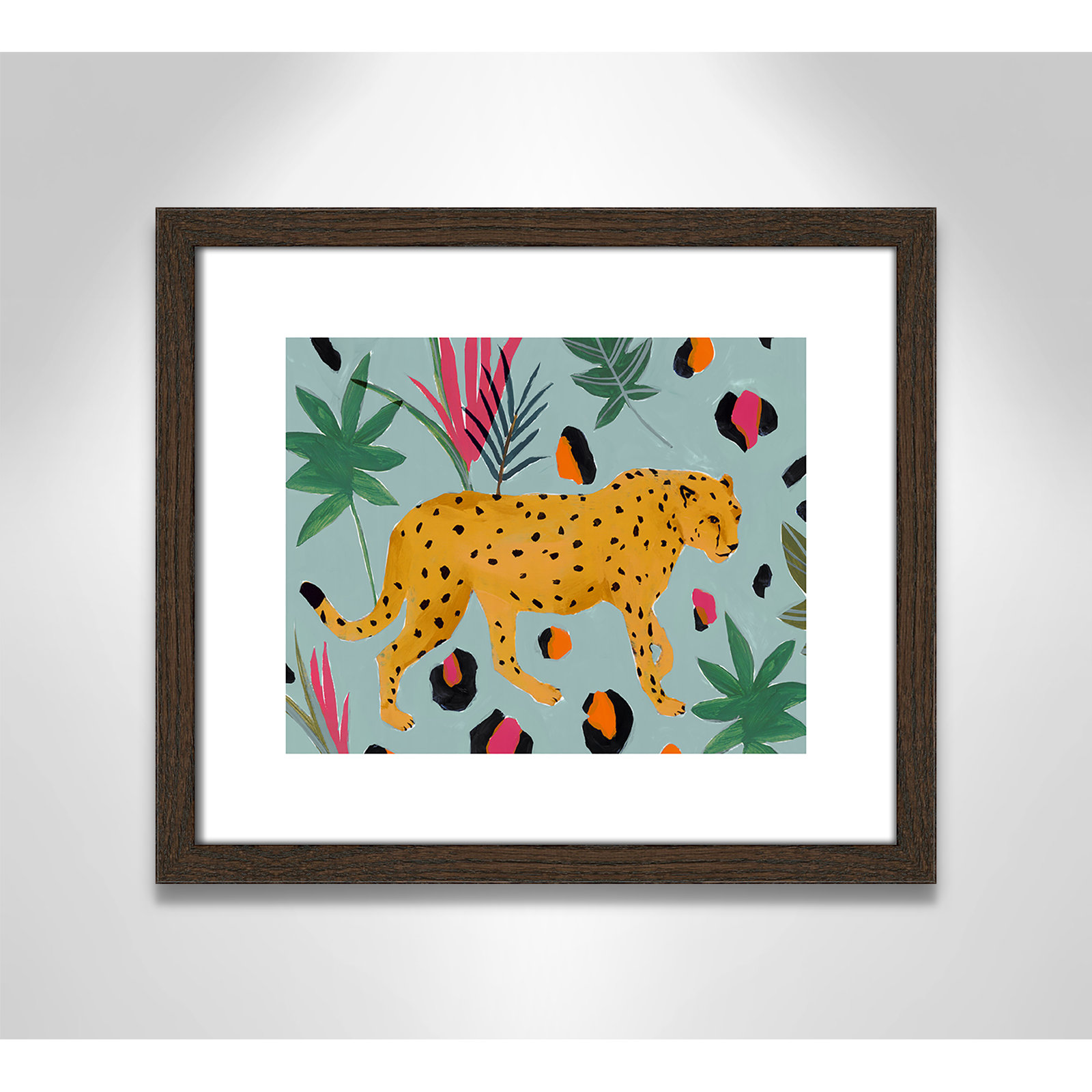 Walking Cheetah II by Isabelle Z - Painting Print, Walnut Wood Framed Paper, 13" H x 15" W x 0.75" D