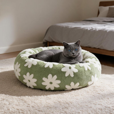 Green Jacquard Plush Donut Pet Nest, Stable Anti Slip Base, Suitable For Both Cats And Dogs, With High Aesthetic Value And Can Also Be Used As Home Decoration
