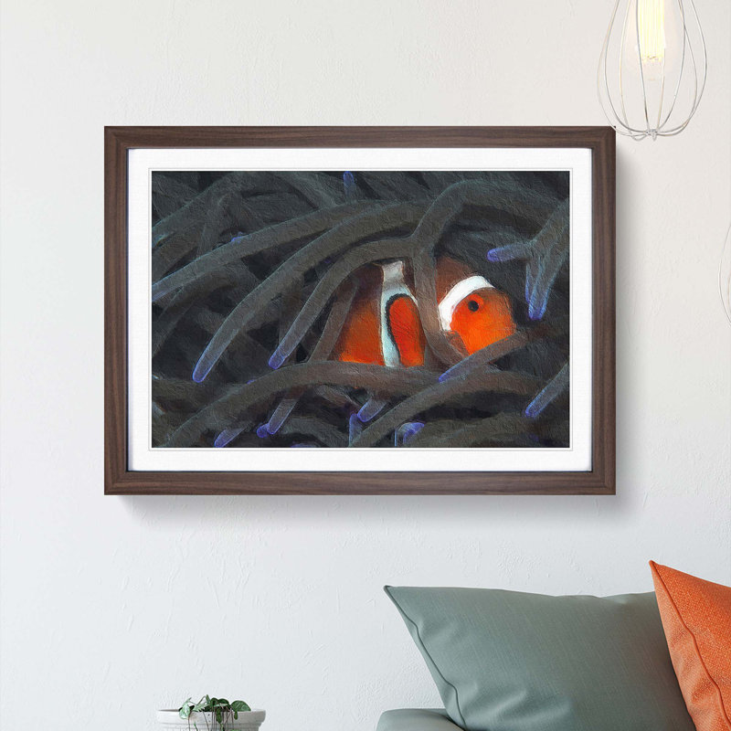 Peeping Clownfish - Picture Frame Painting Print, 48cm H x 65cm W x 2cm D, Walnut Framed