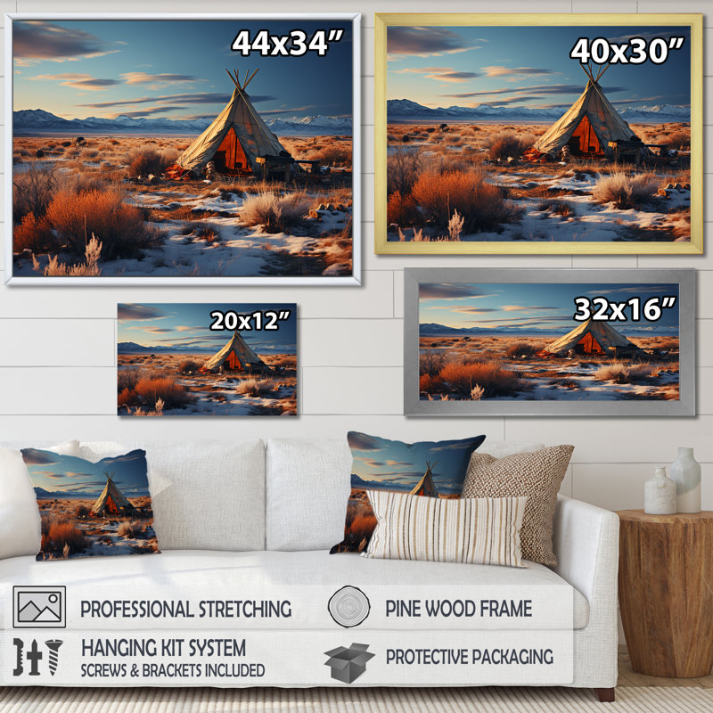 Tribal tipi paysage sur toile, Cadre naturel flottant, H 12 po x l 20 po x P 1 po
