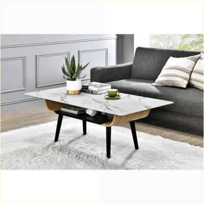 Table basse de salon 47 po avec plateau en verre marbré noir de style Landon, facile à assembler et protecteurs de plancher Landon