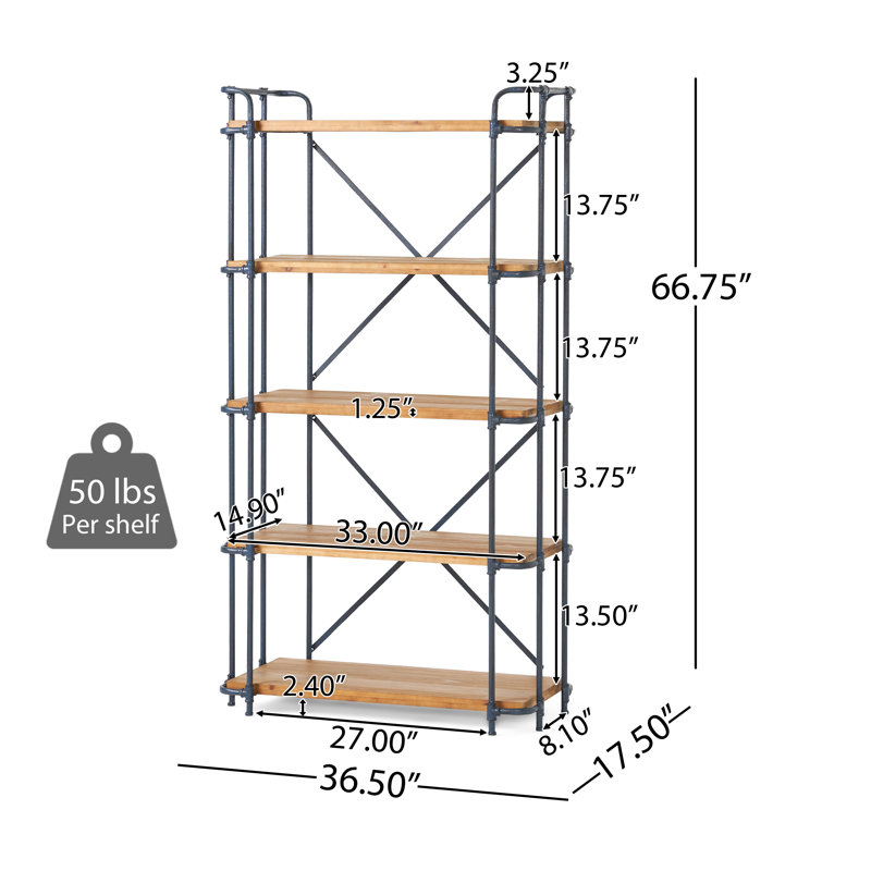 Kaeden  Ladder Bookcase with Wood Shelves & Iron Frame, (5 Shelves) 67" H x 37" W x 18" D