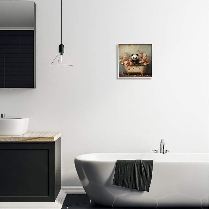 «Panda Bathaign & Blooms», reproduction de photo sur toile, Giclée encadrée blanc bord de mer, H 12 po x l 12 po