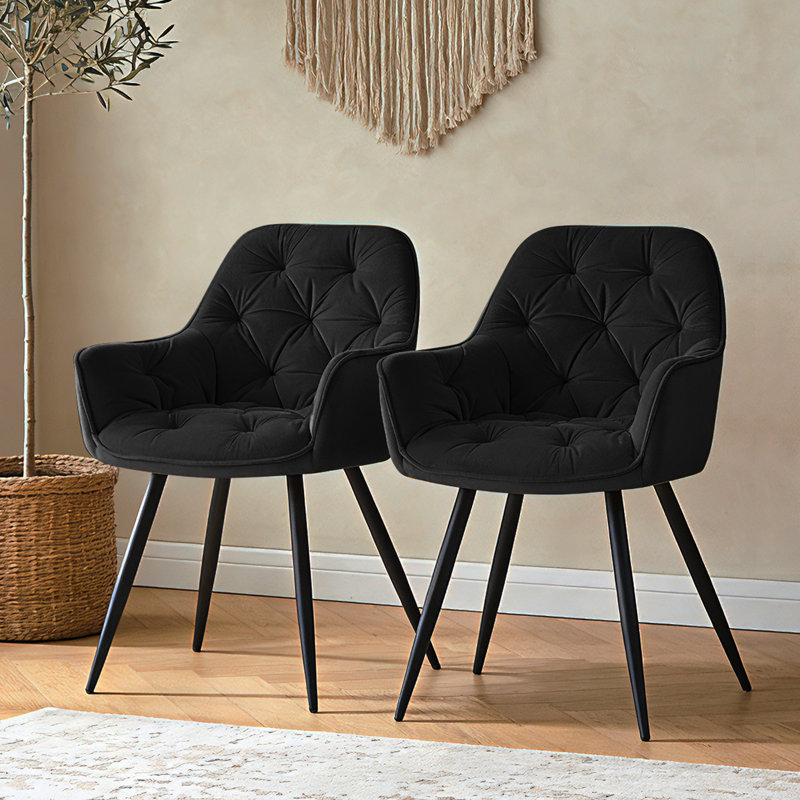Velvet Upholstered Armrests Tufted Dining Chair with Wide Back 50cmH, Black
