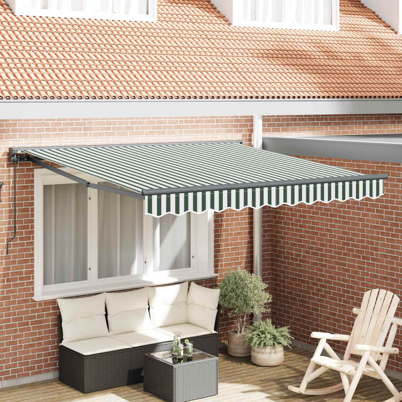 VidaXL Polyester Cover Retractable Patio Awning, 300cm W x 250cm D, Green/White/Black, Striped