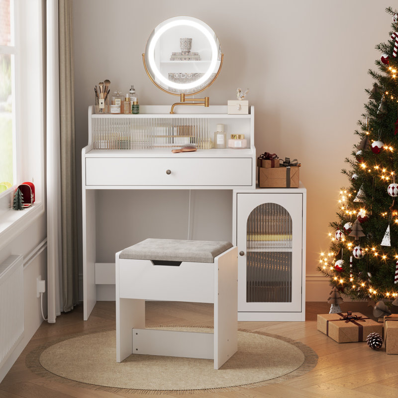 Bureau de coiffeuse blanc avec miroir pivotant à 360 ° et lumières réglables, coiffeuse pour filles avec fauteuil de rangement et armoire d'appoint avec portes en verre Waveform, coiffeuse avec tiroir, coiffeuse