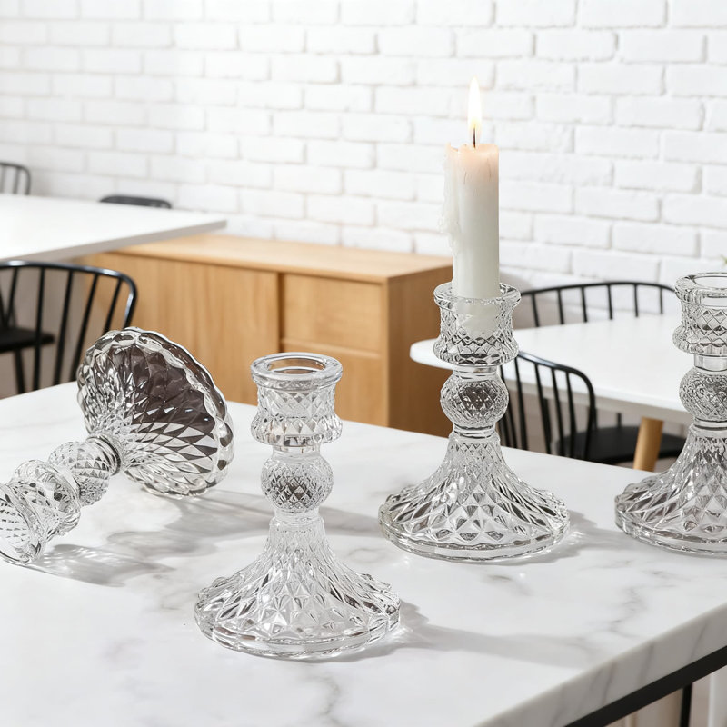 12-Piece Glass Taper Candlestick Holders Set With Diamond Pattern, 4 Inch Height For Wedding Centerpieces And Home Decor