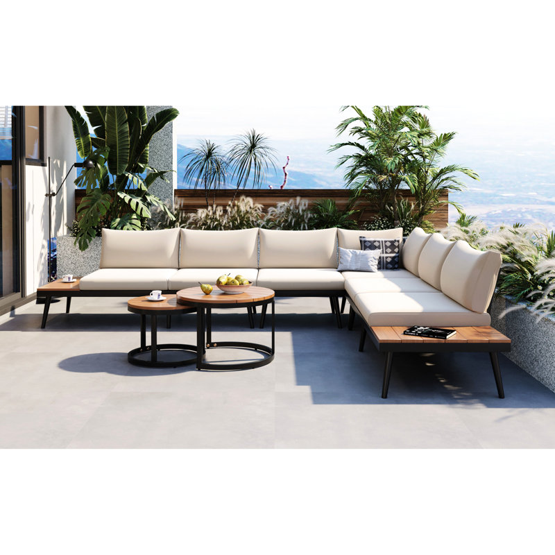 Canapé d'angle moderne pour véranda avec bois et coussins en mousse haute densité - Beige Patio Météo -