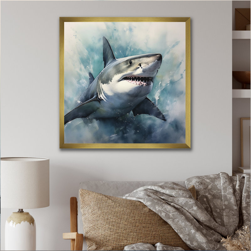 Fierce Shark II - Shark Canvas Prints, 36" H x 36" W x 1.5" D, Gold Single Picture Framed