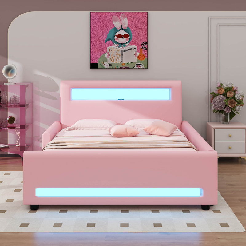Lit plateforme tapissier avec tiroir, bande lumineuse à DEL et port USB, lit de rangement en tissu PU, Lit double, Rose