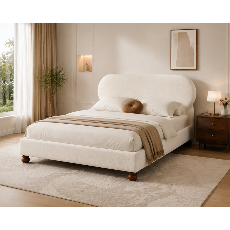 Lit tapissier moderne grand avec tête de lit à oreilles courbée, cadre de lit plateforme avec pieds en bois d'hévéa massif, crème