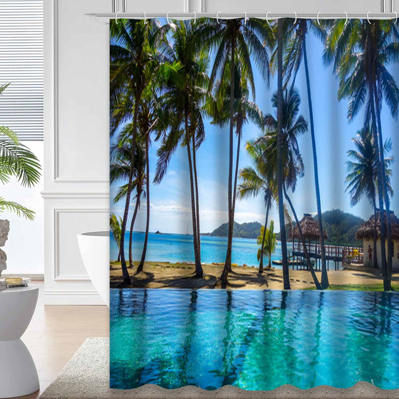 Tropical Island Beach Ocean Adventure Coast Shower Curtain with 12 Hooks, 72" L x 84" W