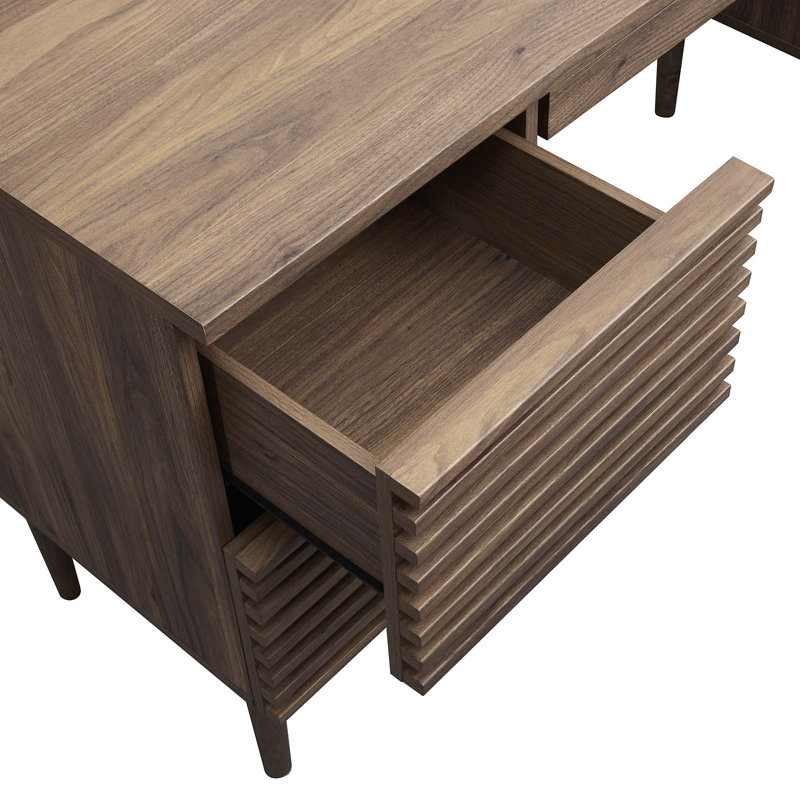 Walnut Mid-Century Modern Office Desk with Drawers and Keyboard Tray
