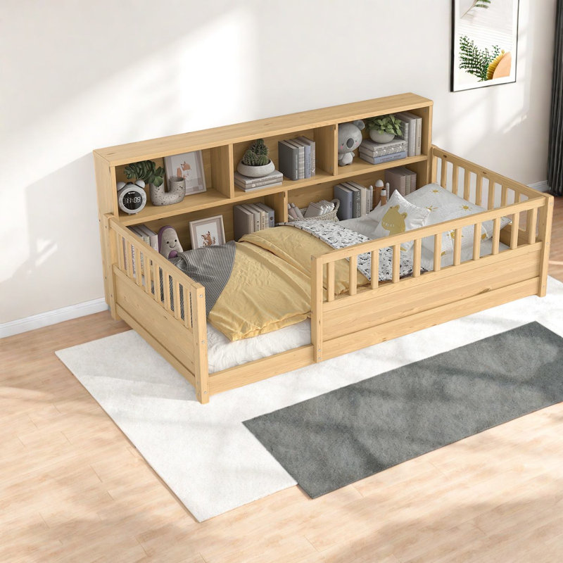 Natural Wood Twin Floor Bed With Storage And High Guardrail