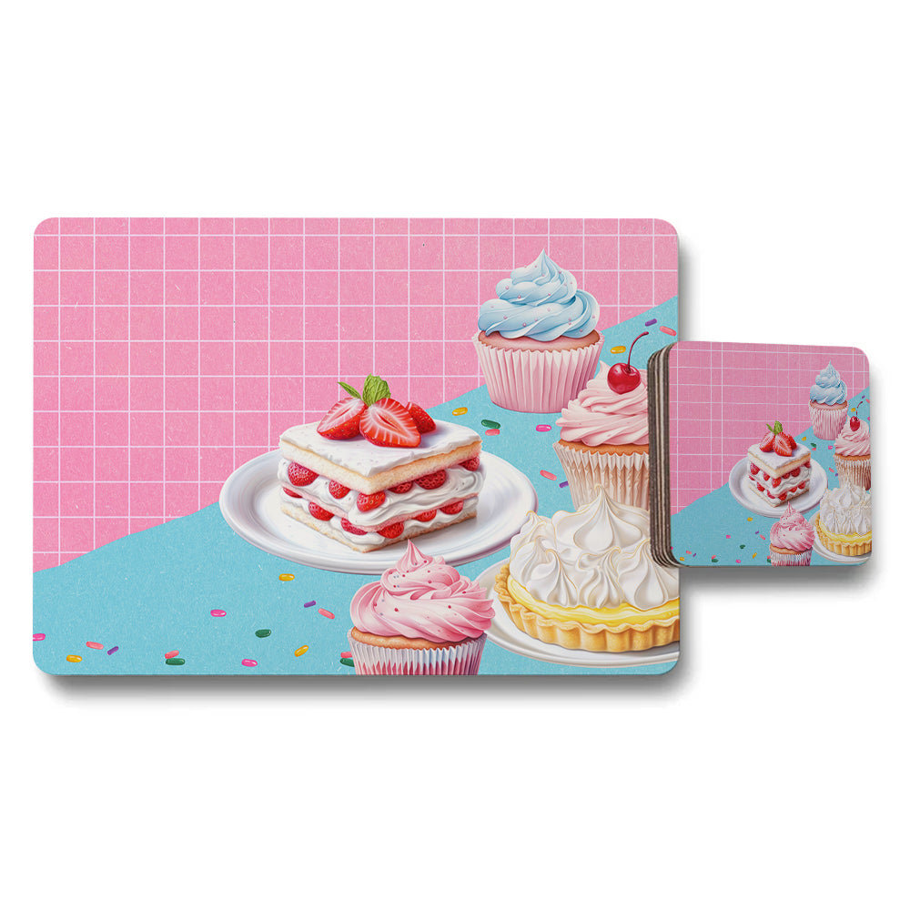 Dessert Themed Placemat And Coaster Set With Cupcake Prints