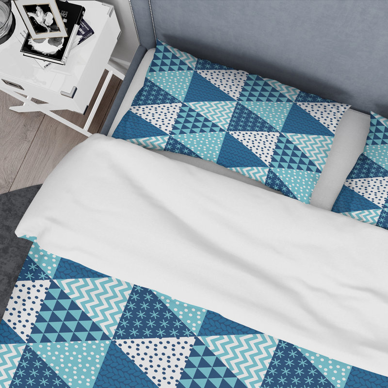 Patchwork blanc et bleu - ensemble de housse de couette abstrait - microfibre de polyester