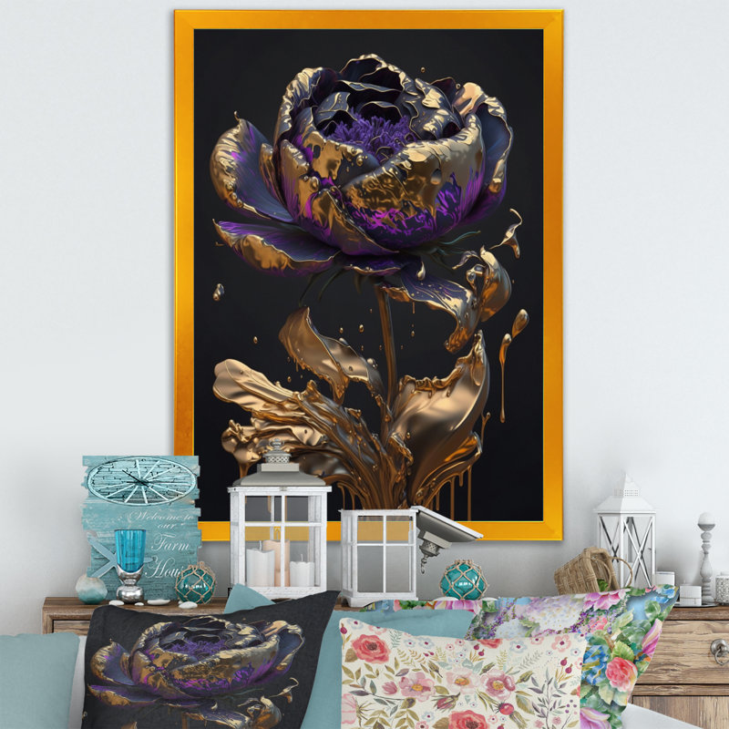 Pivoine mauve liquide or II - pivoines, décoration murale, H 44 po x l 34 po x P 1,5 po, Encadrement doré