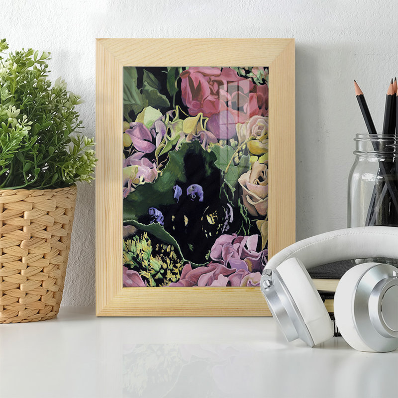 Motif floral sur fond noir IV, H 8 po x l 6 po x P 1 po, Naturel