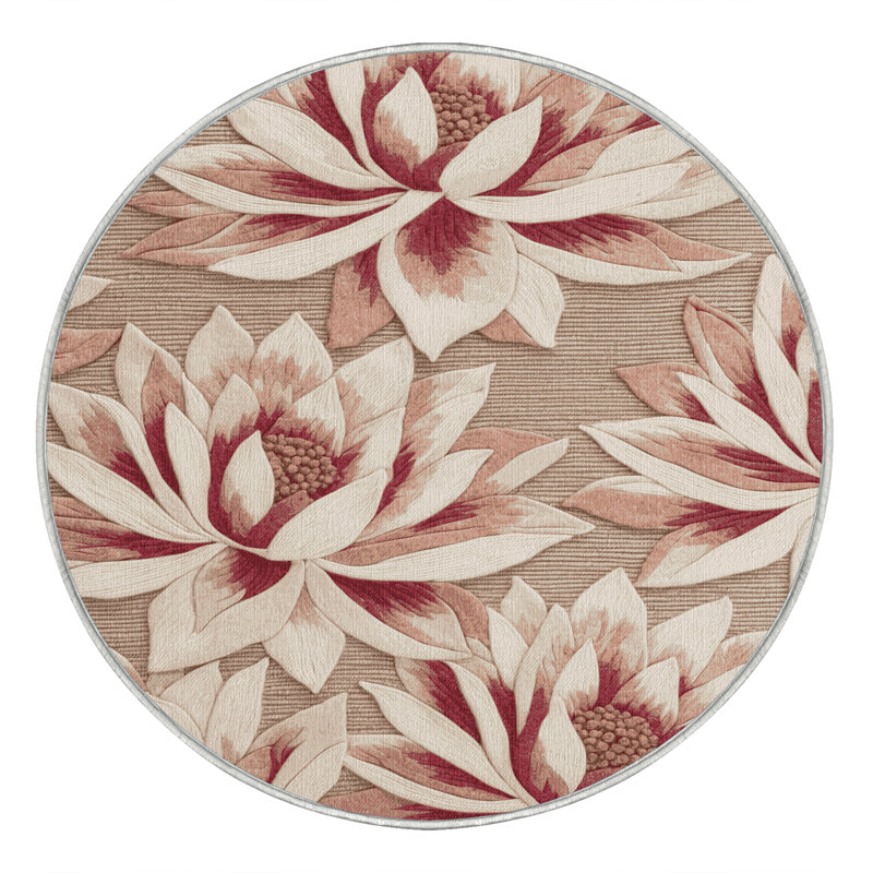 Tapis botanique beige lavable à la machine, Rond 3 pi