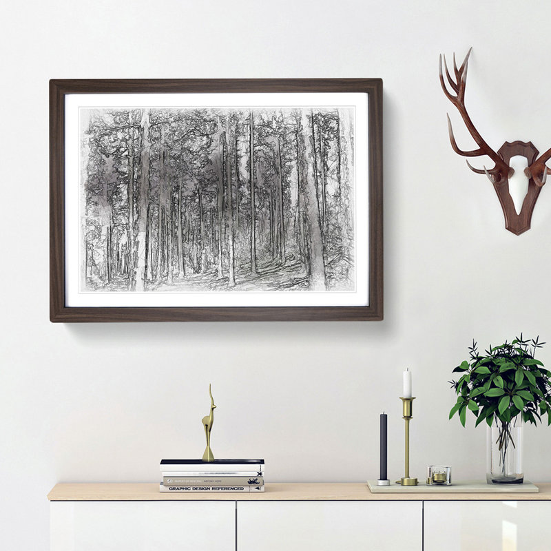 Pretty Forest Sketch - Picture Frame Graphic Art Print, Walnut Framed, 62cm H x 87cm W x 2cm D
