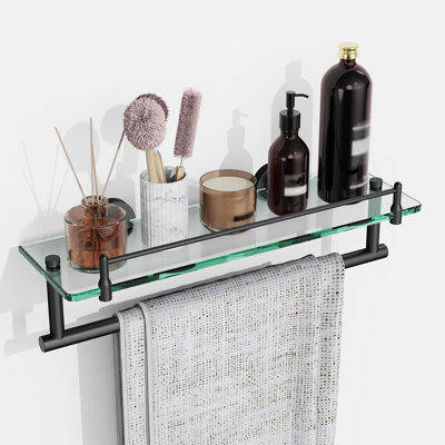 16 Inch Floating Tempered Glass Bathroom Shelf with Towel Bar