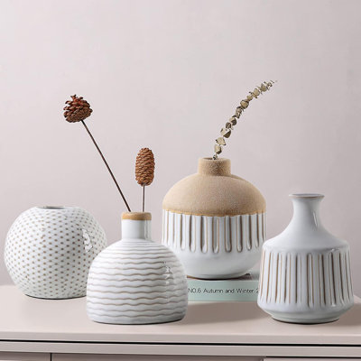 Set of 4 Retro Dot & Stripe Minimalist Vases: Small Decor for Nordic Modern Home