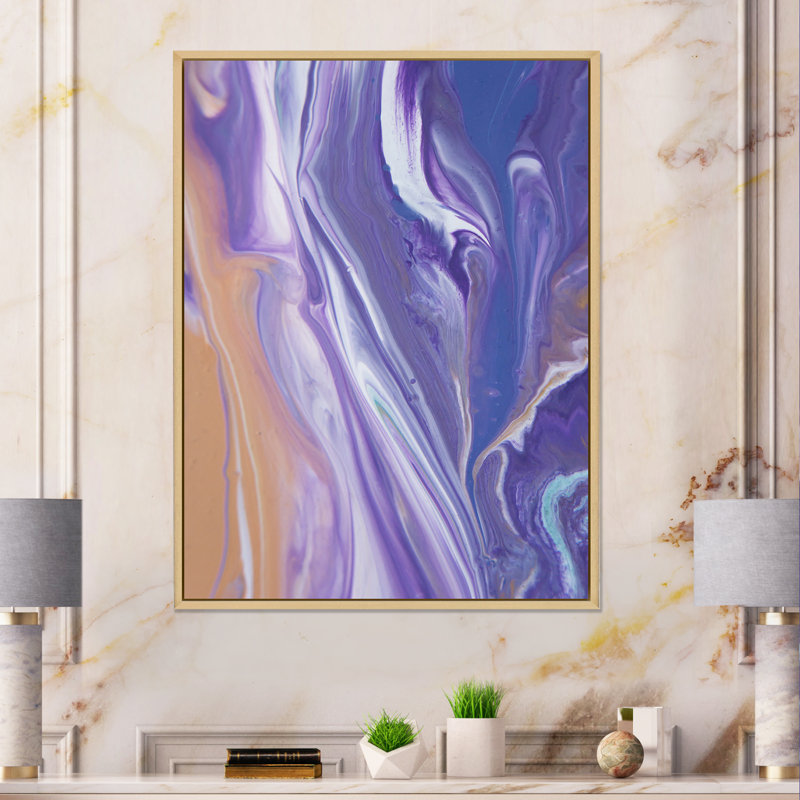 Marbre mauve luxueux, art fluide - décoration murale moderne sur toile, H 12 po x l 8 po x P 1 po, Cadre flottant brun