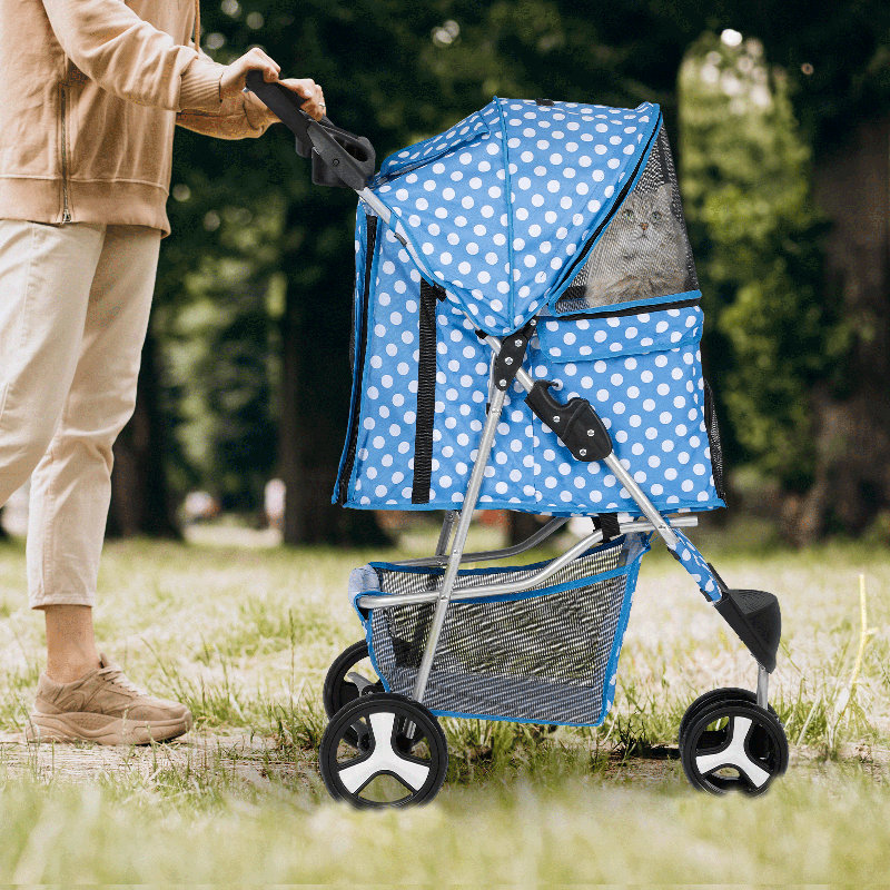Sky Blue Polka Dot Foldable Pet Stroller with Storage