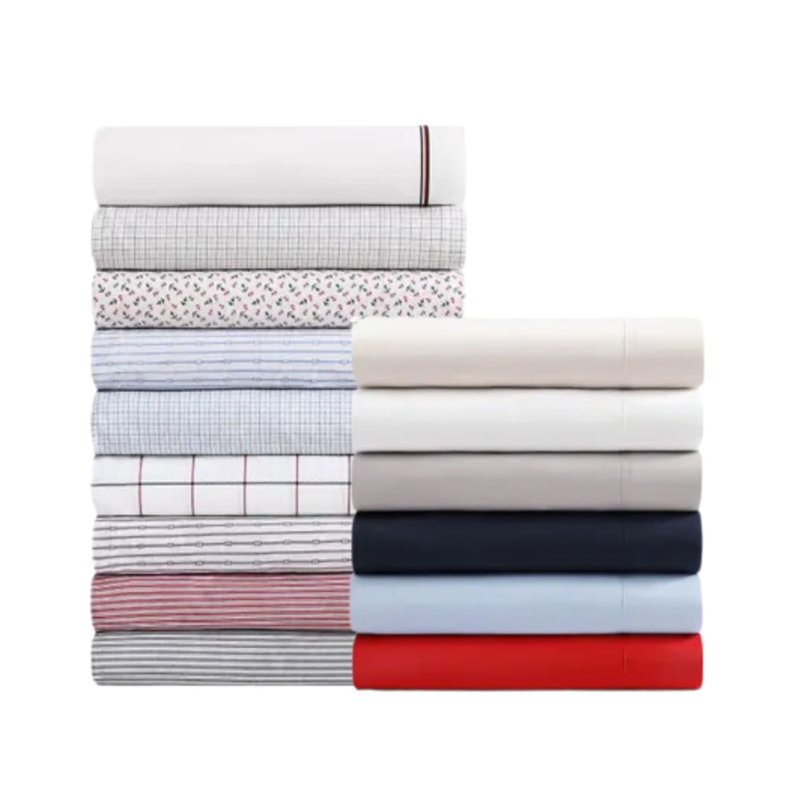 Tommy Hilfiger Solid Cotton Percale Sheet Set, Blue, Twin Extra Long Sheet Set with 1 Pillowcase