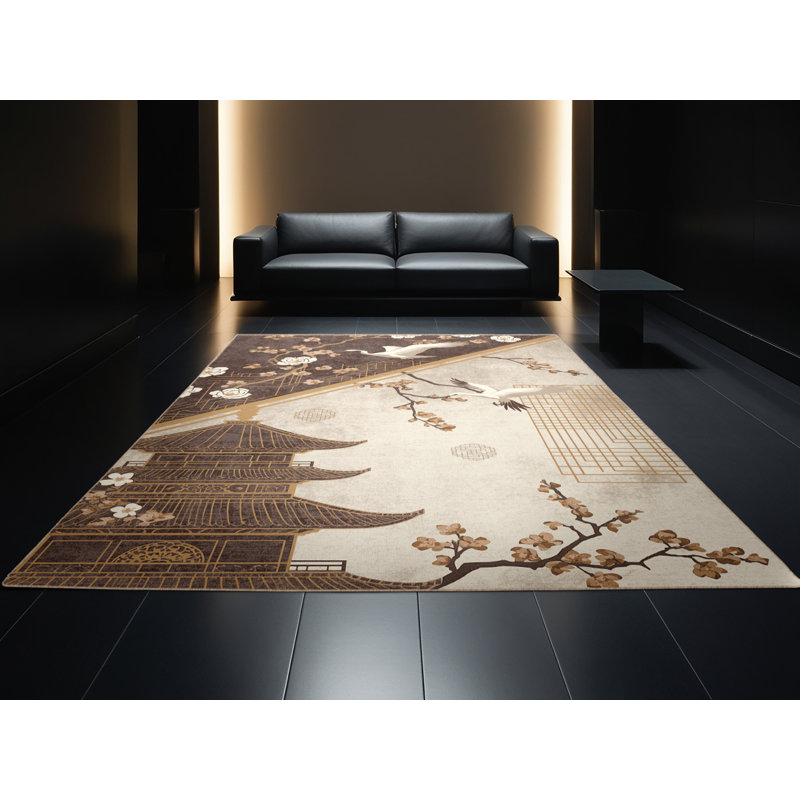 Tapis oriental beige lavable à la machine à motif d'inspiration mondiale Penola, 6 x 9
