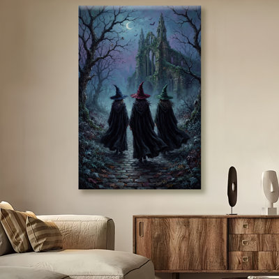 Reproduction d'art d'Halloween rétro sur toile rétro, sorcière et château, toile rétro, scène gothique rétro, œuvre d'art, peinture pour salon, bureau à domicile