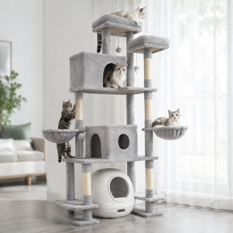 Arbre à chat Whisker 78,7 po avec 2 niches, 2 hamacs moelleux, griffoirs en sisal et jouets interactifs, Light Grey