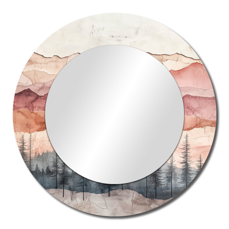 «Forest Terrain in Blush» - miroir mural rond abstrait rose, impression métallique, 23" x 23"