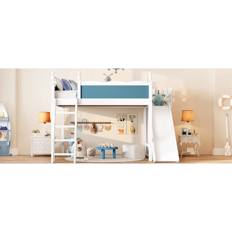 Lit mezzanine double bleu et blanc avec tablettes de rangement, glissière amovible, processus d'assemblage facile, pour l'organisation de la chambre à coucher, bois de pin amovible intégré, conception
