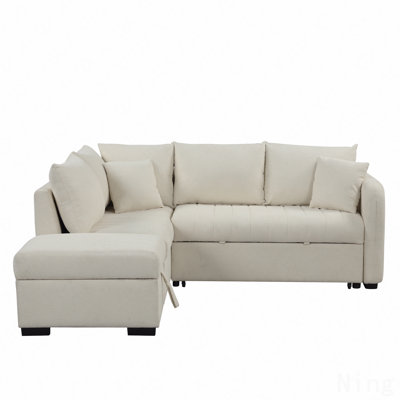 82.6" L-Shaped Sectional Pull Out Sofa Bed Sleeper Sofa With Two Usb Ports, Two Power Sockets And A Movable Storage Ottoman, Beige