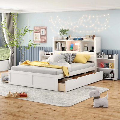 Lit plateforme double avec rangement pleine grandeur avec tablettes latérales coulissantes, lit gigogne simple et deux tiroirs pratiques, blanc
