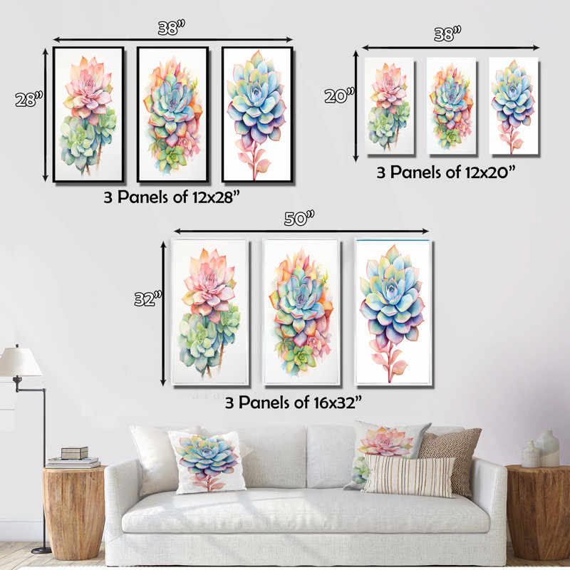 «Blossoming Succulent In Tender Retro Pink II», 3 pièces sur toile, Cadre flottant doré, H 40 po x l 60 po