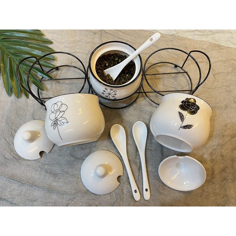 Ceramic Spice & Sugar Jars, With Lids Spoons And Shelf,Porcelain Condiment Kitchen Jar Spice Container Set, 230 ML,3 Pcs