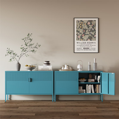 25inch Metal Storage Cabinet,2 Door TV Stand, Metal Mesh Accent Cabinet,Magnetic Door Closure,Low Storage Cabinets with Doors and Shelf for Home,Office,Living Room