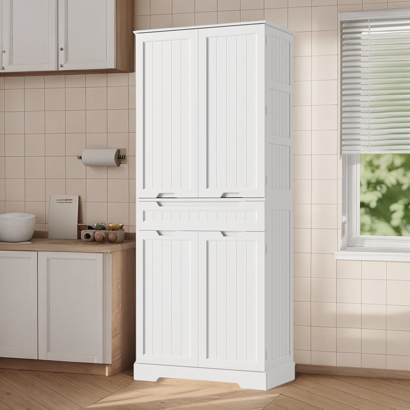  Nahid 71" H Freestanding Kitchen Pantry Cabinet with 4 Doors, 1 Drawer, and Adjustable Shelves，Anti-Tip Design, White