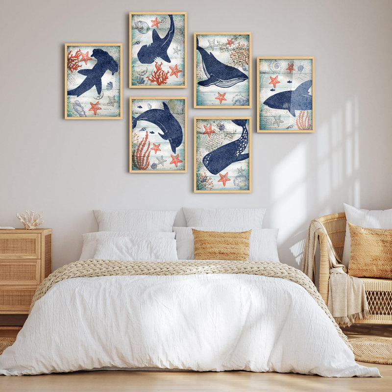 Framed Wall Art Collage Print Gallery Set, Shark, Dolphin, Whale Variety Amphibians Animals Digital Art Modern Beach Portrait Colorful for Living Room, Bedroom, Office