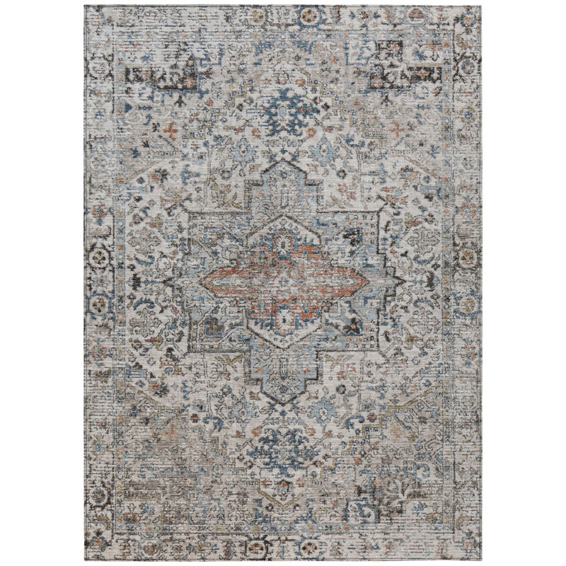 Machine Washable Indoor/Outdoor Xhevrie Ivory Rug, Rectangle 8' x 10'