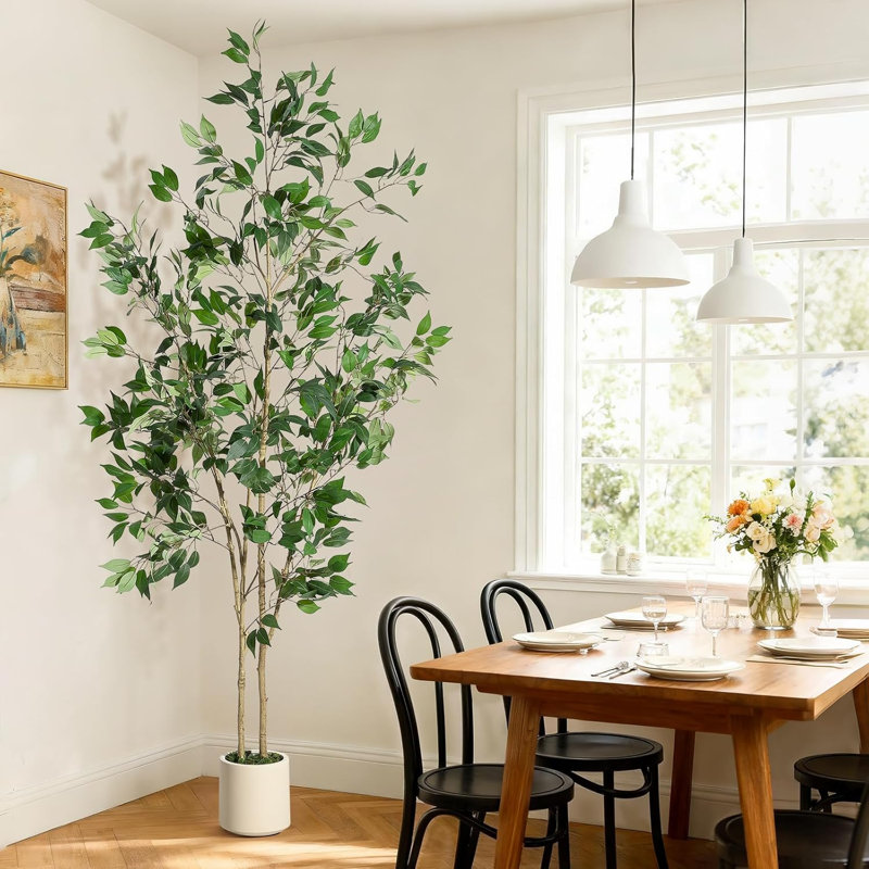 Ficus artificiel d'intérieur, grand ficus artificiel de 7 pi avec jardinière blanche et fausse mousse verte, plantes artificielles avec tronc en bois naturel et fruits réalistes pour la décoration de bureau personnel