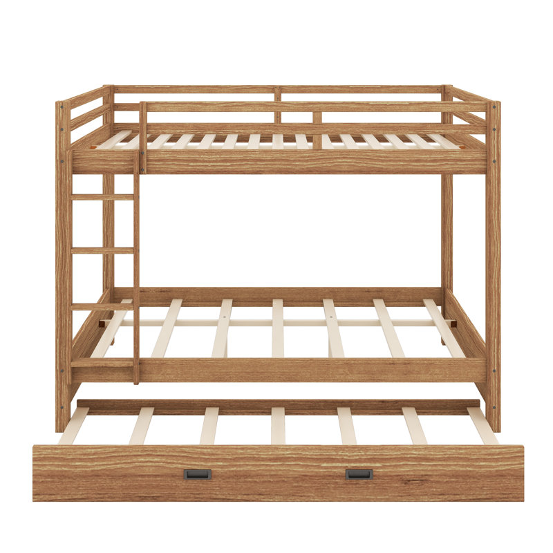 Wood Queen Size Bunk Bed With Ladder And Trundle, Wood