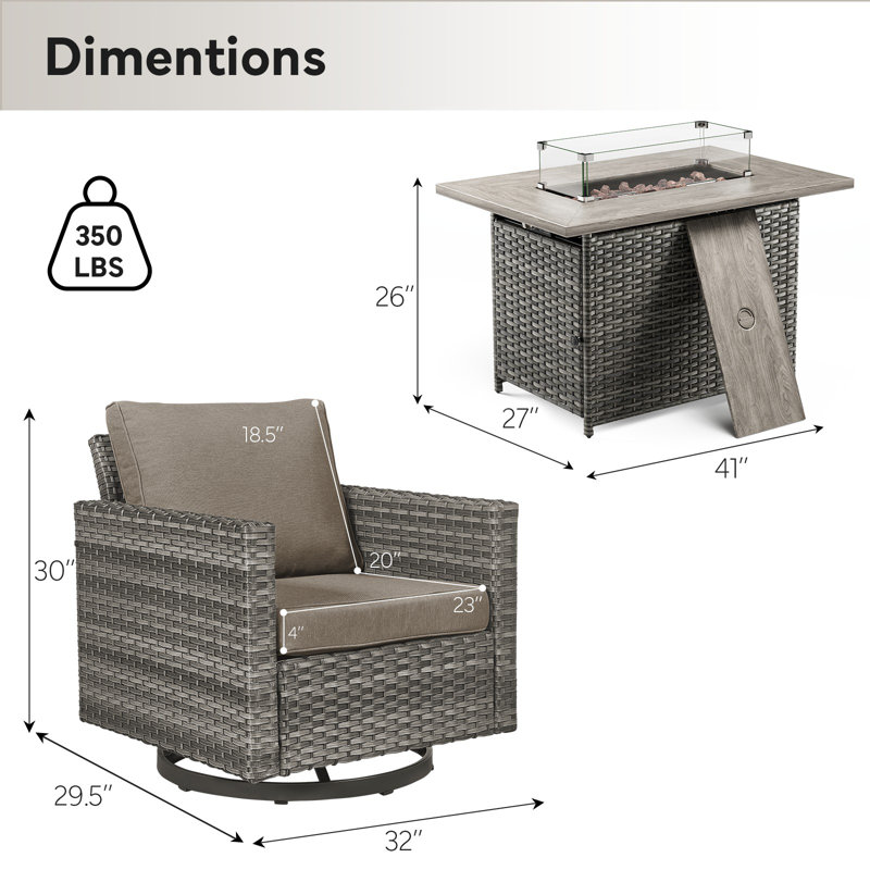 Ensemble extérieur 5 pièces  - 4 planeurs pivotants et table de foyer, chaleur de 55 K BTU, osier PE toutes saisons