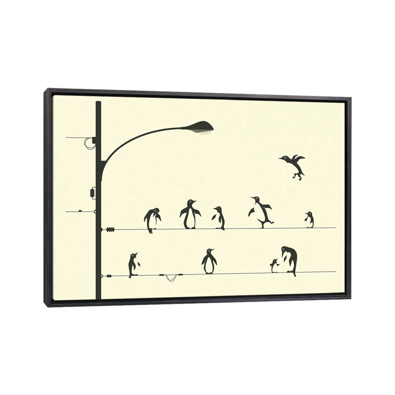 «Penguins on a Wire», art encadré, H 40 po x l 60 po x P 1,5 po, Toile avec cadre noir patiné