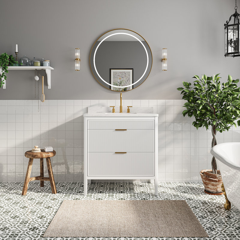 Meuble-lavabo autoportant de 36 po avec 2 ensembles de poignées, façades de tiroir cannelées, plateau en marbre d'ingénierie et fabrication en bois massif - entièrement assemblé