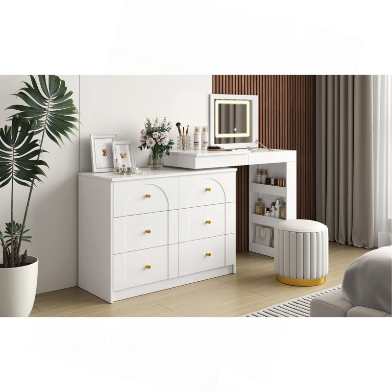 Vanity Desk With Mirror And Lights, Makeup Vanity Table With Flip-Top Tabletop And Storage 7 Drawers, 9 Compartments, 3 Shelves, 3 Color Modes Adjustable Makeup Table For Bedroom